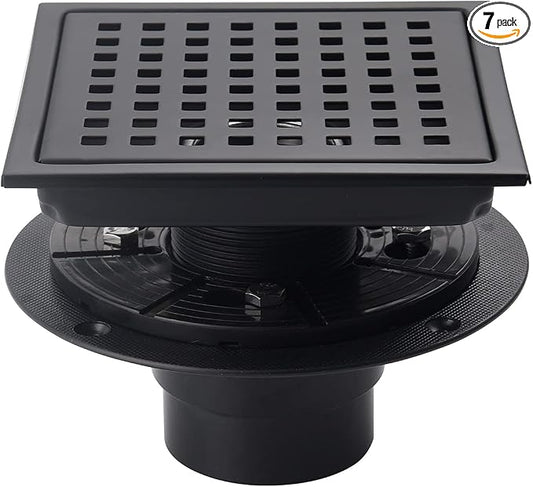 6 Inch Shower Drain Black Matte with Adjustable Shower Drain Base Flange SUS304 Stainless Steel Floor Drain Cover Removable Mesh Grille