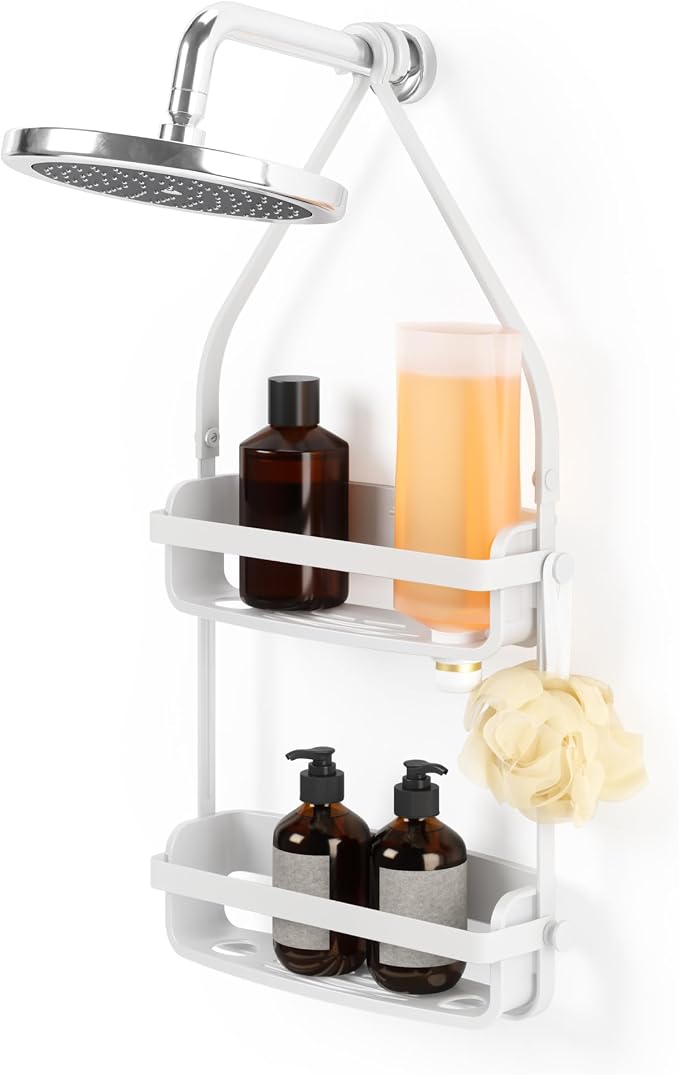 Umbra Flex Shower Caddy, Hanging 2 Shelves Bathroom Organizer, White | Flexible silicone bands, drainage system, mold resistant, bottle collars, overhead mount