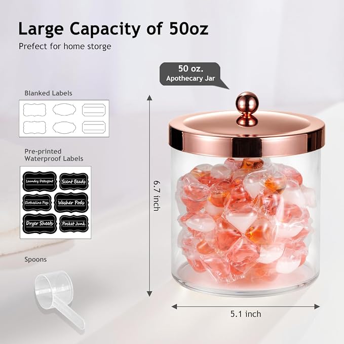 SheeChung 4 Pack 50 Oz Large Apothecary Jar with Rose Gold Rust-Proof Lid - Shatterproof Plastic Laundry Pods Container - Chic Rose Gold Bathroom & Vanity Storage Organizer for Scent Beads, Salts