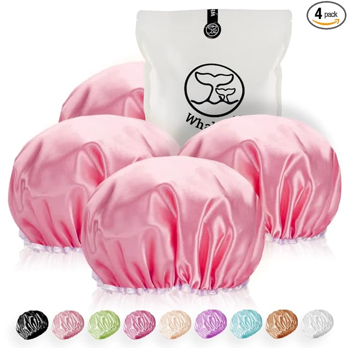 Shower Caps Satin Lined Waterproof for Women Men - 4Pc Pink | Double Layer 100 Percent Dry Jumbo Oversized Fits Thick Hair Smooth Lining Prevents Hair Frizz Snug Elastic Band No Pressure