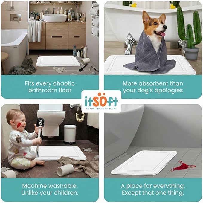 ITSOFT Memory Foam Bath Mat 59x23, Non Slip, Machine Washable, Quick Dry & Absorbent Rugs, Bath Mats for Bathroom Floor, Tub & Shower, Bathroom Rug, White