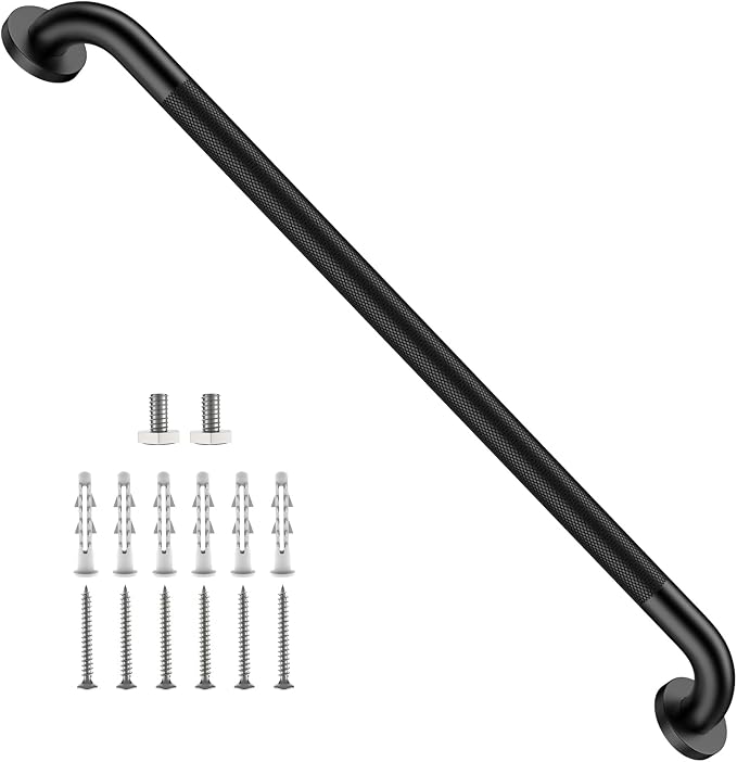 32 Inch Anti Slip Shower Grab Bar, ZUEXT Matte Black Finish Stainless Steel Bathroom Grab Bar, Knurled Bathroom Balance Bar,Safety Hand Rail Support,Handicap Elderly Injury Senior Assist Bath Handle