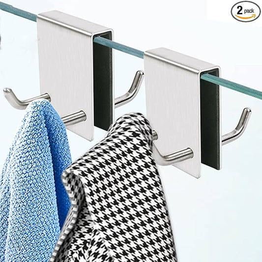 EAEDMY Shower Door Hooks, Over Glass Towel Hooks for Bathroom, Suit for Frameless Glass Shower Door 0.43in (<11mm), Stainless Steel, Drilling-Free, 2 Pack (2Pack Silvery)