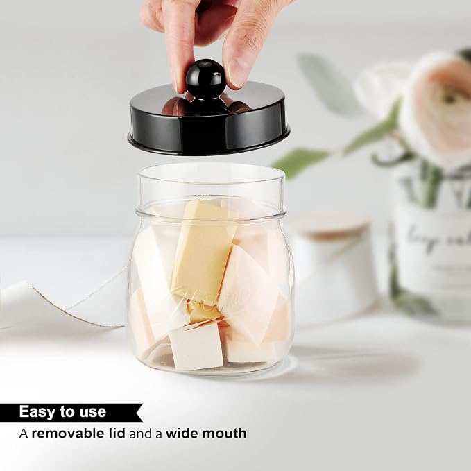 SheeChung 4 Pack Acrylic Mason Jar Qtip Holder Dispenser with Labels, Black | Small Plastic Apothecary Jars,Vanity Canisters for Cotton Swabs,Balls,Floss Picks,Bathroom Storage Organizers,Farmhouse Decor