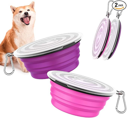 Pawaboo Collapsible Travel Dog Bowls 2 Pack with Lids&Carabiners Silicone | Feeding Watering Bowls for Dogs Cats, Collapsable Water Feeder Food Bowl for Walking Traveling Home Use,Pink + Purple