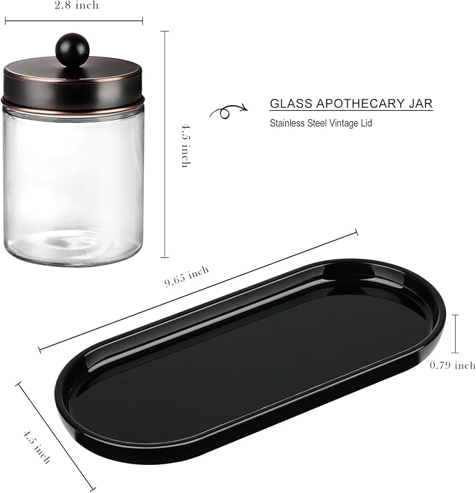 SheeChung 3 Pack Glass Apothecary Jars with Acrylic Vanity Tray | Bathroom Jars with Lids Set with for Qtip, Cotton Ball, Floss Picks - Modern Industrial Style - Bathroom Organizer (ORB)