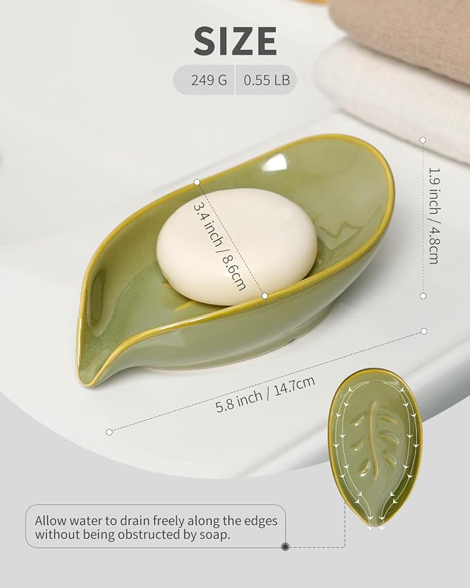 Soap Holder, Self-Draining Soap Dish, Leaf Shape Ceramic Bar Soap Holder Drain Soap Dishes for Bathroom Sink Kitchen, Easy to Clean Keeps Soap Dry, Olive Green, ANTIS'S HOME