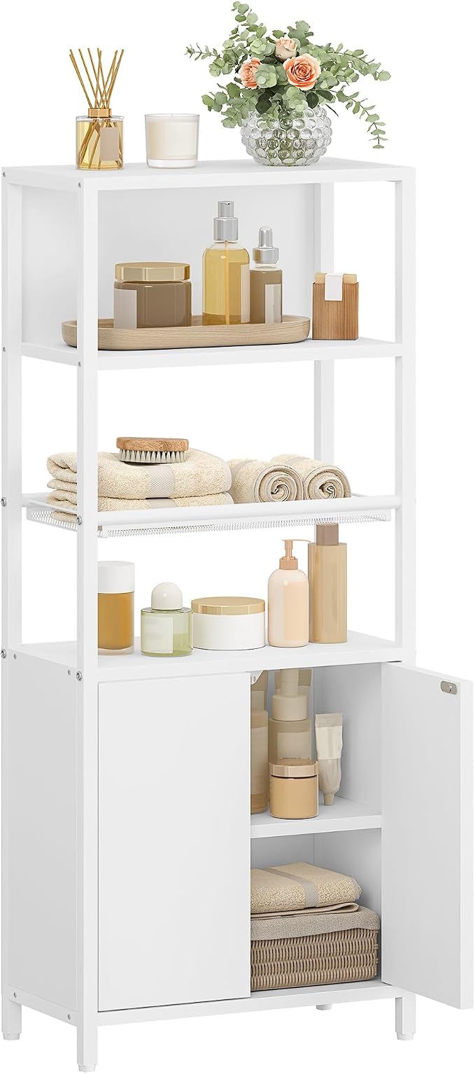 Hzuaneri Storage Bathroom Cabinet, Bathroom Floor Cabinet with Doors and Open Adjustable Shelf, Small Cabinets with Ventilated Metal Grid, Freestanding Storage Cabinets, White 7.9"D x 15"W x 35.5"H