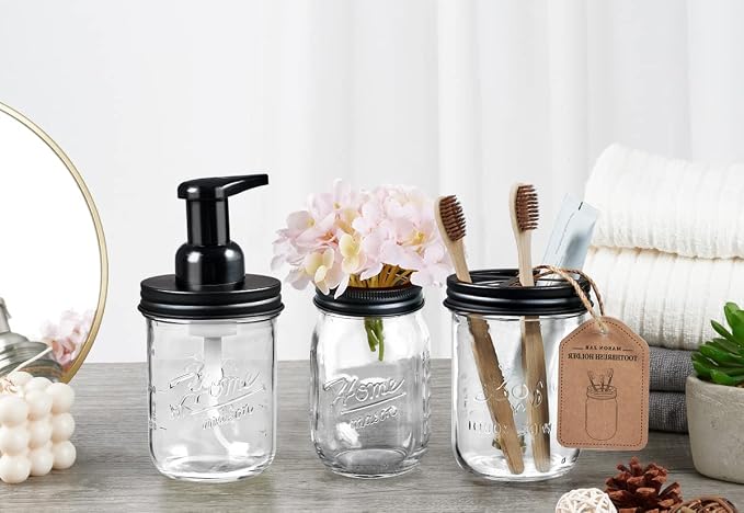Sheechung Mason Jar Toothbrush Holders, Glass Toothbrush Holders for Bathrooms, Electric Toothbrush Toothpaste Holder Black, Bathroom Organizers and Storage, Bathroom Essentials, Farmhouse Decor, 2Pcs