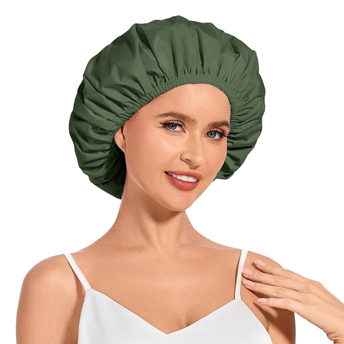 Shower Cap for Women Waterproof Reusable, Large Shower Cap Non-Slip with Elastic Band, Washable Bath Hair Hat for Long Hair, Braids (Dark Green)