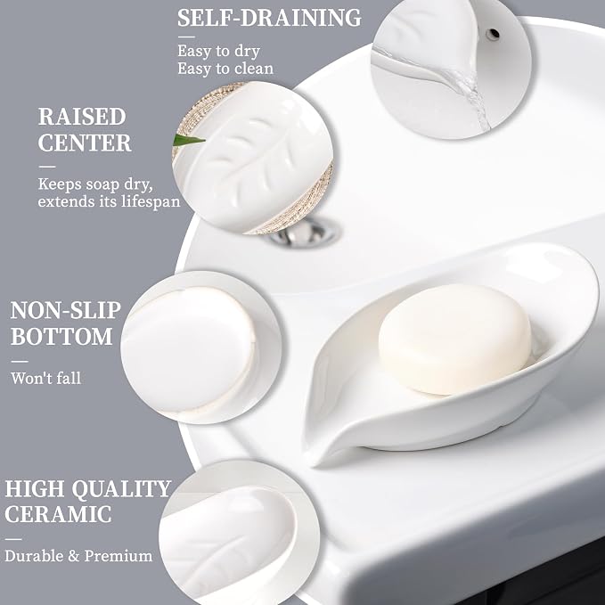 Soap Dish 2PCS, Self-Draining Bar Soap Holder, Leaf Shape Ceramic Drain Soap Dishes for Bathroom Kitchen, Easy to Clean Keeps Soap Dry, White, ANTIS'S HOME