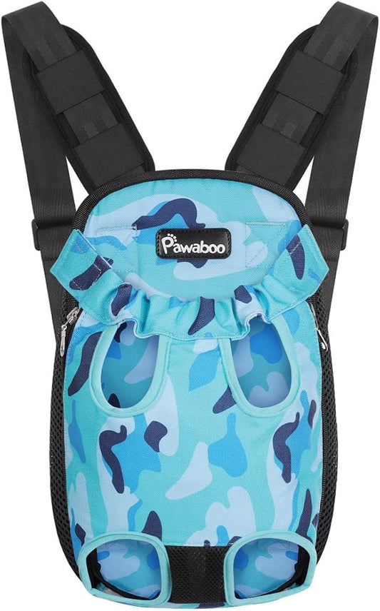 Pawaboo Pet Front Carrier Backpack for Small Medium Dogs | Legs Out Easy-fit,Adjustable Straps,Hands-Free,Soft Padded Support for Travel Hiking Cycling Camping,Blue Camouflage,S