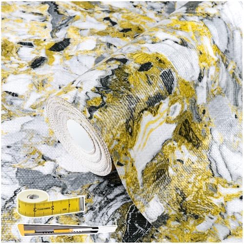 Drawer and Shelf Liner - Yellow Black Marble Pattern,Non Adhesive