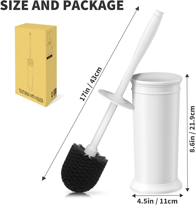 Toilet Brush, Toilet Bowl Brush with Extra Long Handle Durable Bristles Toilet Scrubber and Covered Holder for Toilet Brush Set for Bathroom Cleaning (White, 1 Set)