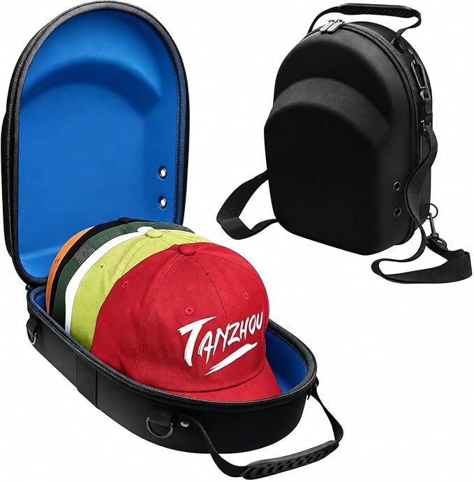 Hard Hat Travel Case for Baseball Caps 1 Piece Black With Blue - Hat Protector with Handle, Adjustable Shoulder Strap & Luggage Strap, Stores 6 Hats for Travel, Home, Gifts
