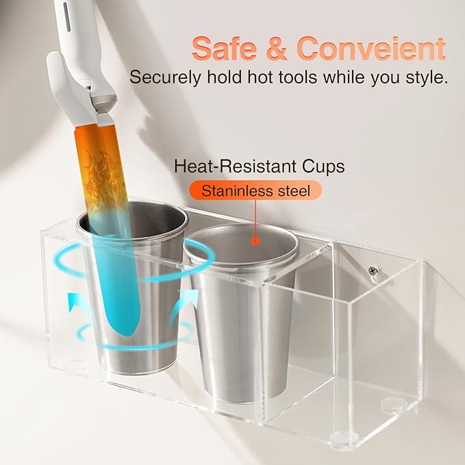 Acrylic Hair Tool Organizer, Curling Iron Holder Countertop, Hair Dryer Organizer Under Sink Wall Mount, Hot Tools Holder for Vanity Bathroom, Clear