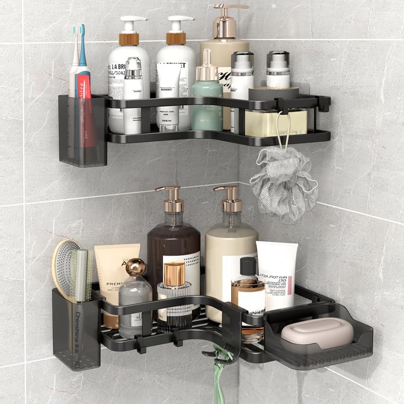 Shower Shelves Corner: Adhesive Shower Caddy with Soap Holder, Sturdy Rustproof Aluminum Bathroom Organizer Rangement Douche, Washroom Accessories Storage Holder, Black