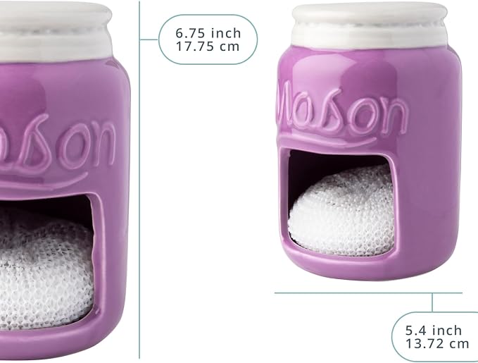 Comfify Purple Mason Jar Ceramic Sponge Holder – Farmhouse Sink Caddy | Purple; mason jar ceramic; 5"H x 3.75" diameter; includes nylon scrubby; embossed ‘MASON’; decorative lid; farmhouse