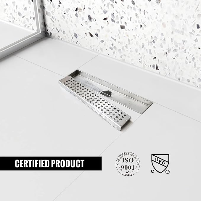 Linear Shower Drain, 12 inch Drain with Removable Grate Cover, Brushed 304 Stainless Steel Shower Floor Drain, Linear Drain with Hair Strainer and Adjustable Feet