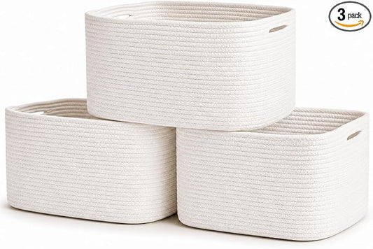 Off-White Cotton Rope Baskets for Shelves, Set of 3 - 15"×10"×9½" - Woven Storage Baskets for Organizing - Closet, Nursery, Bedroom, Playroom - Toys, Books, Towels, Clothes