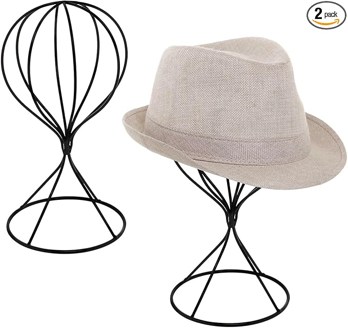 MyGift 2 Pcs Hat Holder Stand, Baseball Cap Organizer Storage, Wig Fedora Display Rack, Black Metal Wire
