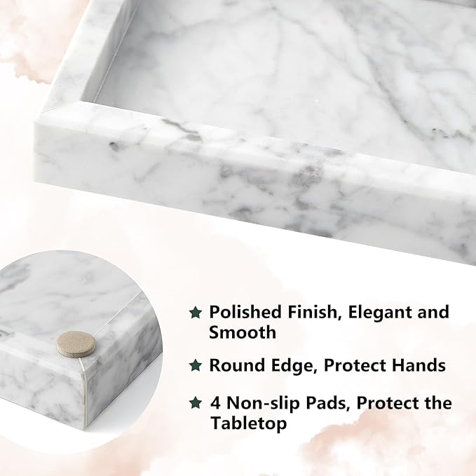 Real Natural Marble Tray for Bathroom, Vanity, Kitchen and Desktop, Rectangle Genuine Marble Stone Tray for Jewelry, Cosmetics, Candles, Lotion, Perfume and Home Decor, 12"x5" Size
