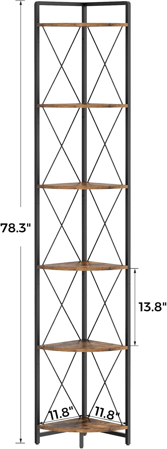 6 Tier Corner Shelf Stand, 78" H Tall Industrial Corner Bookshelf for Living Room Decor, Metal Corner Shelf, Plant Stand Display Shelf for Bedroom, Bathroom, Small Space, Rustic Brown