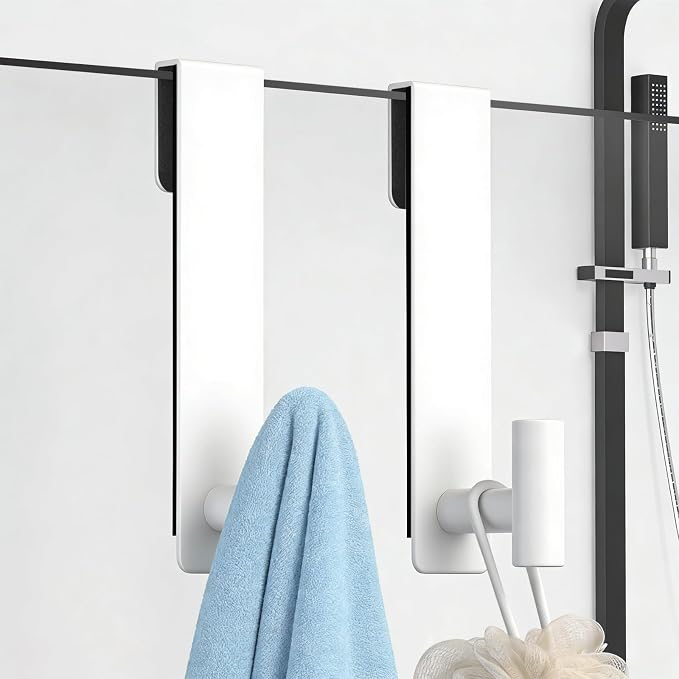 PMMASTO Shower Door Hooks, (7.5 Inch) Extended Towel Hooks for Bathroom Frameless Glass Shower Door, Stainless Steel Heavy Duty Hooks (White, T Shape-Fits 3/8" Thick Door)
