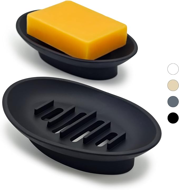2 Pack Silicone Bar Soap Holder for Shower, Self-Draining Black Soap Dish Tray for Bathroom Sink, Kitchen Counter, Shower Niche/Shelf, Bathtub, Easy Cleaning Simple Oval Soap Saver Stand