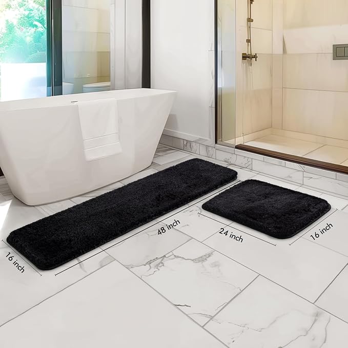 MIULEE Black Bathroom Rugs Set 2 Piece Soft Bath Mats 16x24+16x48 Inch | Soft Absorbent Microfiber Bath Rugs, Non Slip, Quick Dry, Fluffy Bath Rugs for Bathroom Floor Tub Showers, Machine Washable