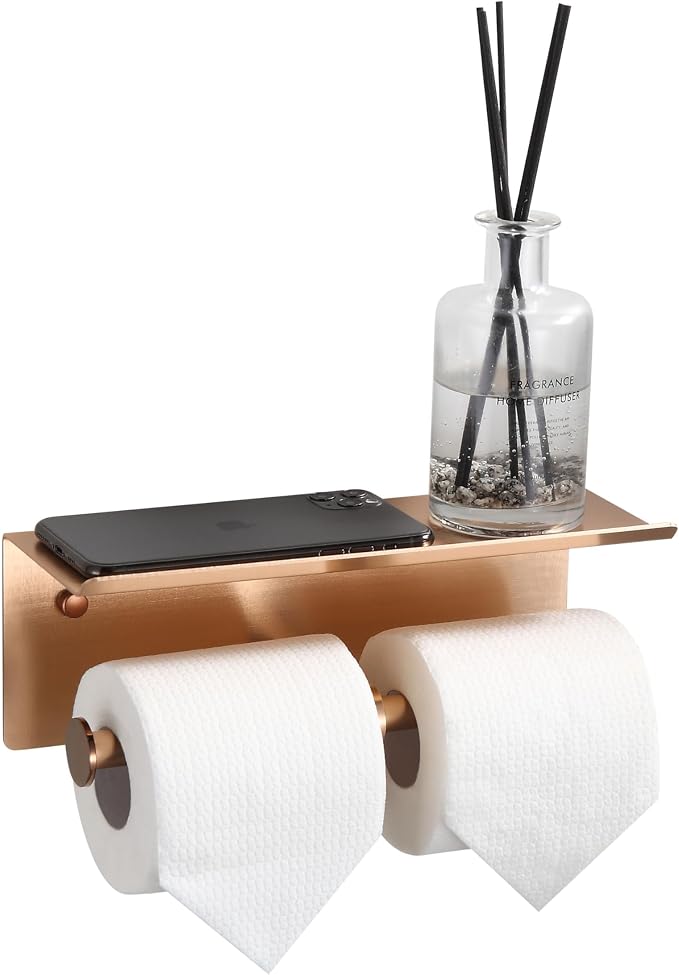 Rose Gold Toilet Paper Roll Holder with Shelf Wall Mounted for Bathroom (Rose Gold, Double Head)