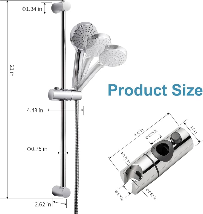 OFFO Shower Slide Bar Combo, Adjustable 21 in Slide Bar with 3-Mode Round Handheld Shower Head and 60 in Stainless Steel Hose, Screw Wall Mounted, Chrome Finish