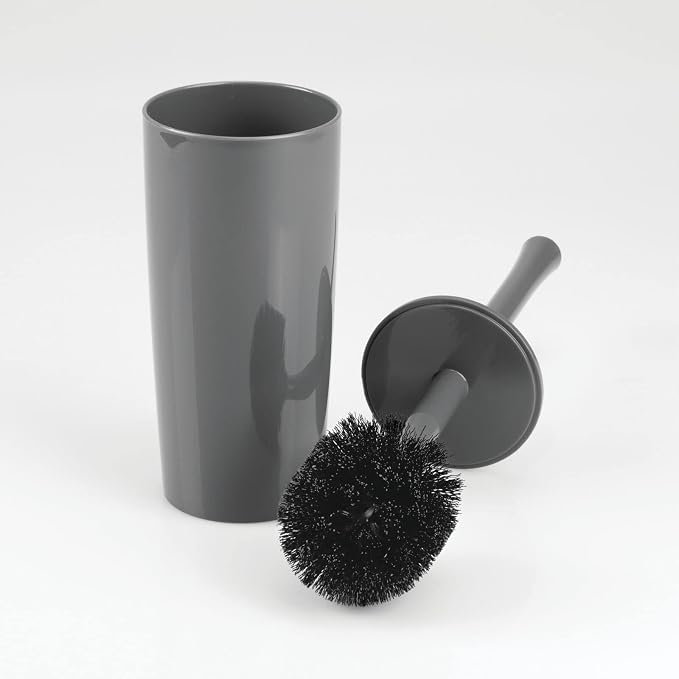 mDesign Slim Plastic Toilet Bowl Brush and Holder Set, Modern Compact Storage Organizer Cleaner Scrubber for Toilet - Heavy Duty Cleaning Plunger for Bathroom, Aura Collection - Charcoal Gray