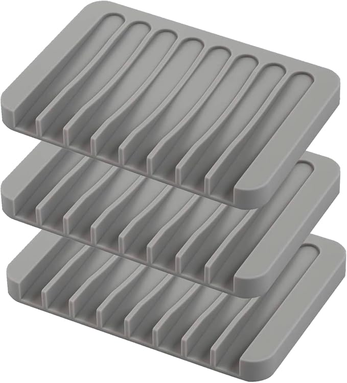 Self Draining Soap Dishes, 3 Pcs Silicone Soap Saver, Waterfall Drainer Soap Holder for Bathroom, Extend Soap Life, Keep Soap Bars Dry Clean & Easy Cleaning (Gray)