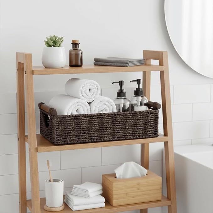 CubesLand Small Wicker Toilet Basket Tray Organizer W/Cut Out Handle, Handwoven Slim Decorative Basket for Countertop, Shelves And for Rustic Home Decor, Living Room, Nursery Organization, Brown