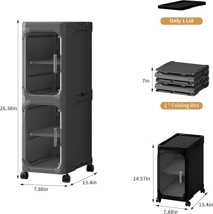2-Tier Narrow Slim Bathroom Storage Cabinet with Wheels, Black | Tool Free Assembly, Adjustable Shelves, Fits for Narrow Spaces, Reinforced Stability, Magnetic Clear Door
