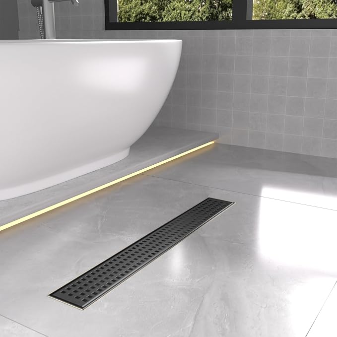 Linear Shower Drain | 28 Inch AISI 304 Stainless Steel Shower Drain, Matte Black Linear Drain with Removable Quadrato Grate Cover & Adjustable Feet, Rectangle Floor Drain, in Bathroom Balcony etc