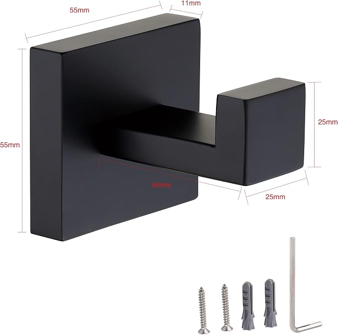 2 Pack Matte Black Bathroom Towel Hook Stainless Steel, Square Towel Robe Coat Hook Wall Mounted Toilet Kitchen Heavy Duty Door Hanger