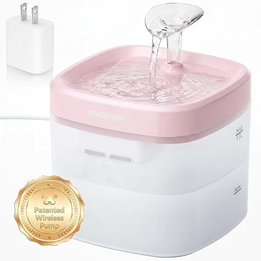 PAWGETHER® Cat Water Fountain with Wireless Pump 51oz/1.5L Dog Water Fountain, Ultra Quiet Automatic Pet Water Fountain Portable Indoor Ourdoor Travel Small Dog Water Dispenser with Adapter Pink