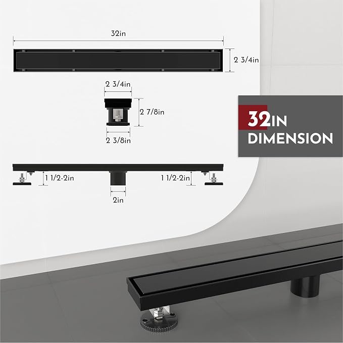 WEBANG 32 Inch Linear Shower Drain Rectangular Floor Drain with Accessories Reversible 2-in-1 Cover Tile Insert Grate Removable SUS304 Stainless Steel CUPC Certified Matte Black