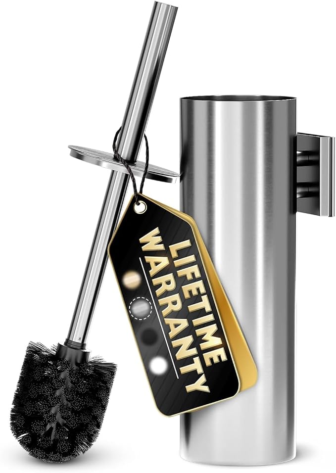 Silver Modern Toilet Brush and Holder Set with Wall Mount - Stainless Steel Toilet Brush with Holder - Removable Inner Bowl, Shiny Design, Splash Protection & Dense Bristles for Bathroom Cleaning
