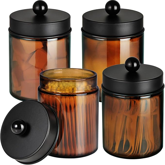 Amolliar Amber Glass Apothecary Jars Qtip Holder w/Metal Lids,Black 4pc | for Bathroom Vanity Storage, Countertop, Farmhouse Style, Holds Cotton Swabs, Dental Floss, Makeup Sponges