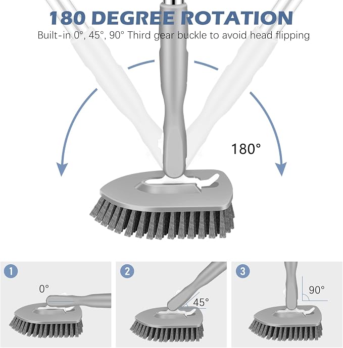 SetSail Tile Tub Scrubber Brush 3-in-1 Long Handle Shower Scrubber, Gray | with 3 Detachable Replacement Brush Head, Multi-Angle Cleaning Locks at 45°, 90°, 180° for Bathroom Kitchen Walls Tub Tile