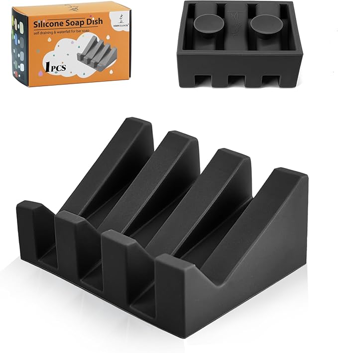 Silicone Soap Dish Self Draining with Suction Cups (Black, 1 Pack) | Waterfall drainage design drains fast to keep soap dry silicone soap saver with reusable suction cups for bathroom & kitchen