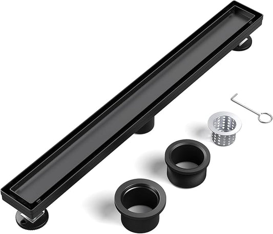 EXF Linear Shower Drain 36 Inch Matte Black with Reversible Flat & Tile Insert Cover, Stainless Steel Rectangle Shower Floor Drain with Hair Catcher, Adjustable Feet
