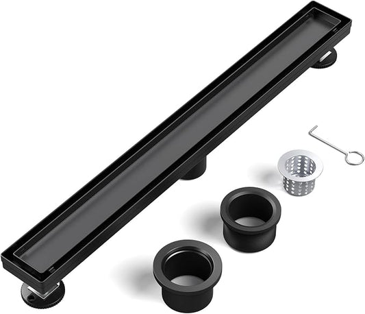 EXF Linear Shower Drain 18 Inch Matte Black with Reversible Flat & Tile Insert Cover, Stainless Steel Rectangle Shower Floor Drain with Hair Catcher, Adjustable Feet