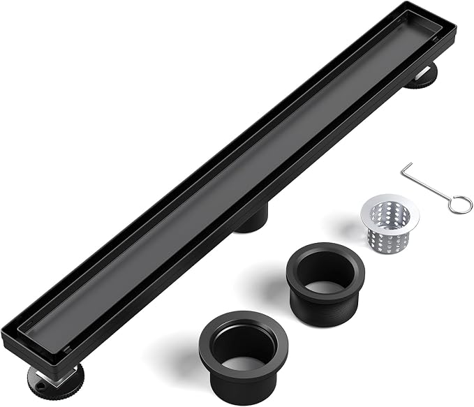 EXF Linear Shower Drain 30 Inch Matte Black with Reversible Flat & Tile Insert Cover, Stainless Steel Rectangle Shower Floor Drain with Hair Catcher, Adjustable Feet