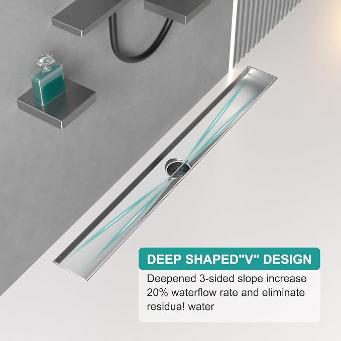 BARONAGE 48 Inch Linear Shower Drain, Rectangle Shower Floor Drain with 2-in-1 Flat & Tile Insert Cover, 304 Stainless Steel Bathroom Drains with Hair Catcher and Leveling Feet (Brushed Nickel)