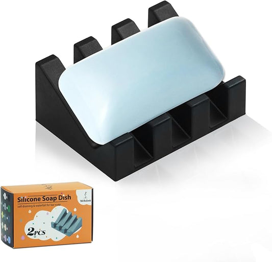 Self Draining Silicone Soap Dish Holder Waterfall Tray, 1 Pack Black