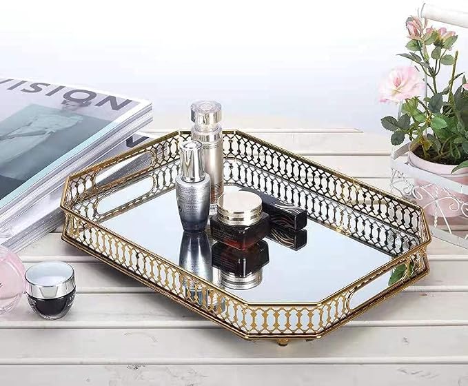 Vintage Gold Mirrored Vanity Tray – Decorative Perfume and Makeup Organizer with Handles for Dresser, Bathroom or Jewelry Display, Large Size 13.8" X 9.6" X2.2"